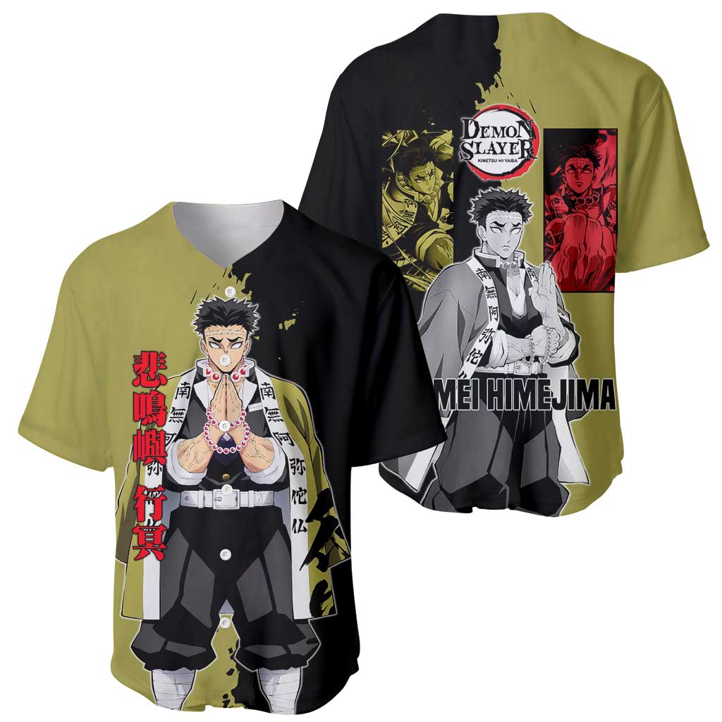 Gyomei Himejima from Demon Slayer Baseball Jersey with Olive and Black Split Background and Prayer Pose Manga Style Design - The Mazicc