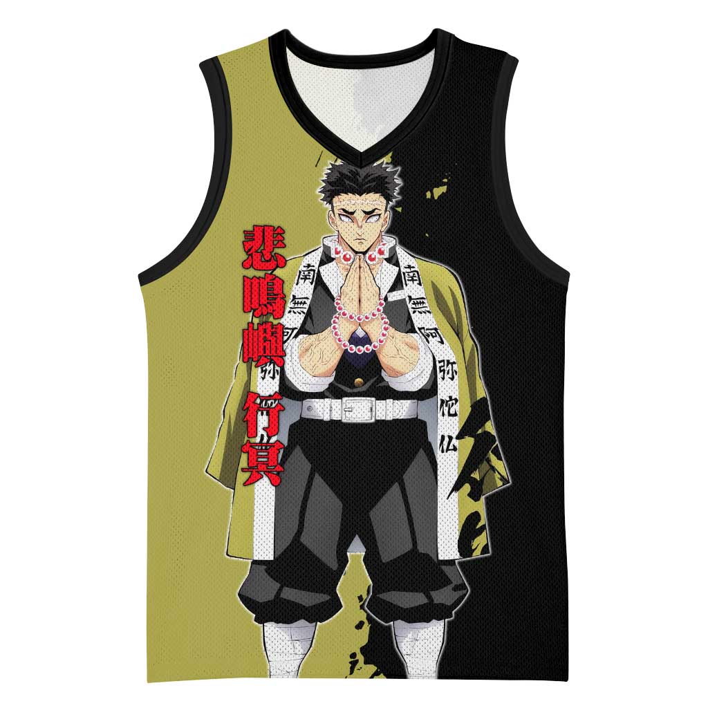 Gyomei Himejima from Demon Slayer Basketball Jersey with Olive and Black Split Background and Prayer Pose Manga Style Design - The Mazicc