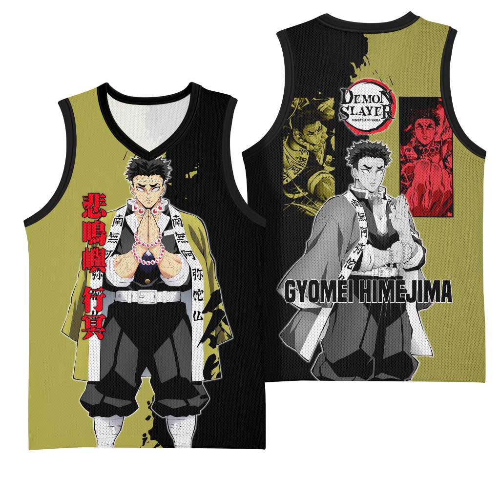 Gyomei Himejima from Demon Slayer Basketball Jersey with Olive and Black Split Background and Prayer Pose Manga Style Design - The Mazicc