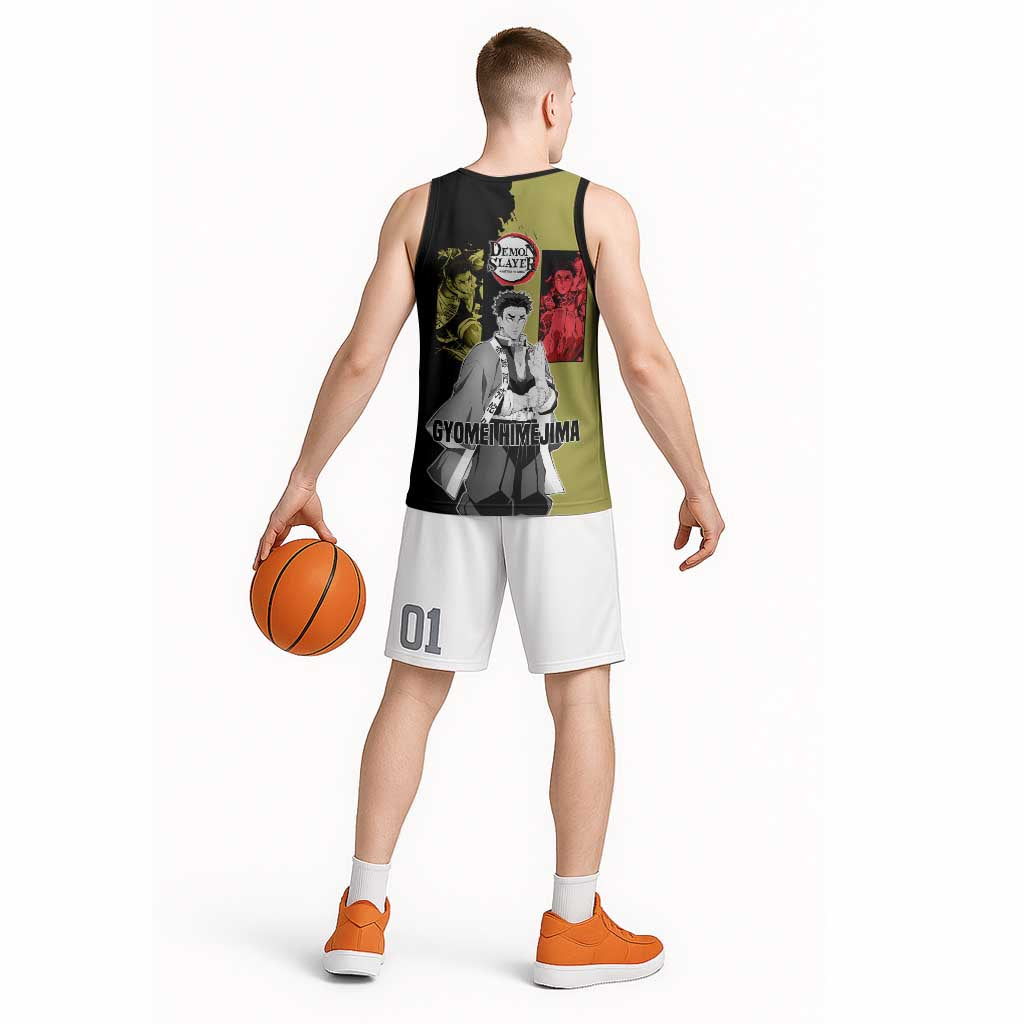 Gyomei Himejima from Demon Slayer Basketball Jersey with Olive and Black Split Background and Prayer Pose Manga Style Design - The Mazicc