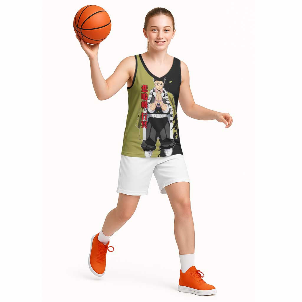 Gyomei Himejima from Demon Slayer Basketball Jersey with Olive and Black Split Background and Prayer Pose Manga Style Design - The Mazicc