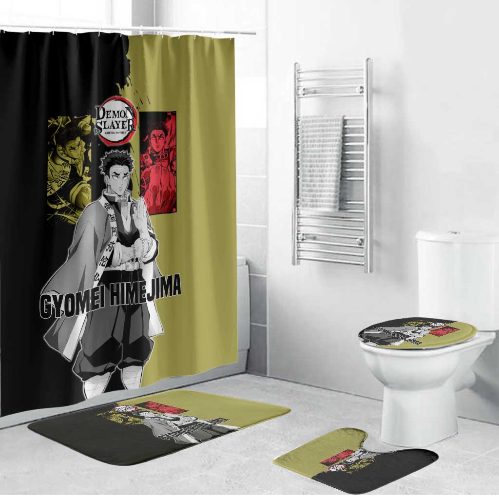 Gyomei Himejima from Demon Slayer Bathroom Set with Olive and Black Split Background and Prayer Pose Manga Style Design - The Mazicc