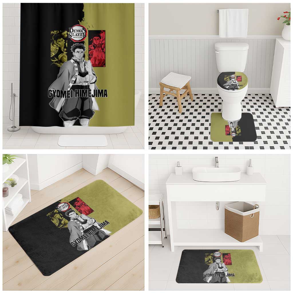 Gyomei Himejima from Demon Slayer Bathroom Set with Olive and Black Split Background and Prayer Pose Manga Style Design - The Mazicc