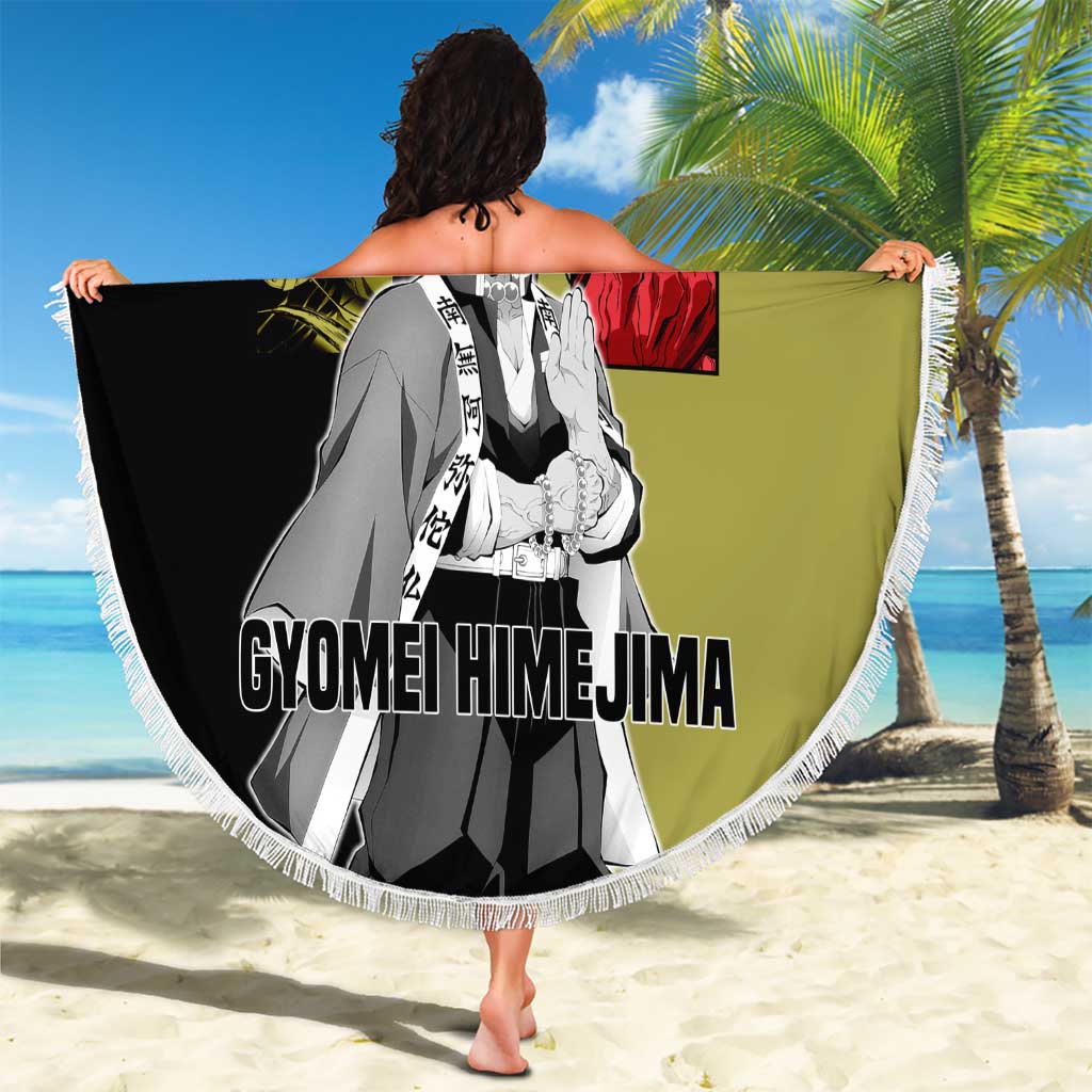 Gyomei Himejima from Demon Slayer Beach Blanket with Olive and Black Split Background and Prayer Pose Manga Style Design - The Mazicc
