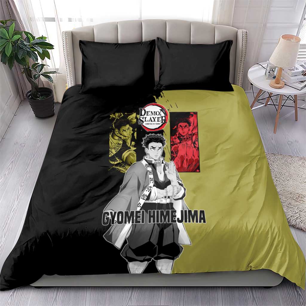 Gyomei Himejima from Demon Slayer Bedding Set with Olive and Black Split Background and Prayer Pose Manga Style Design - The Mazicc