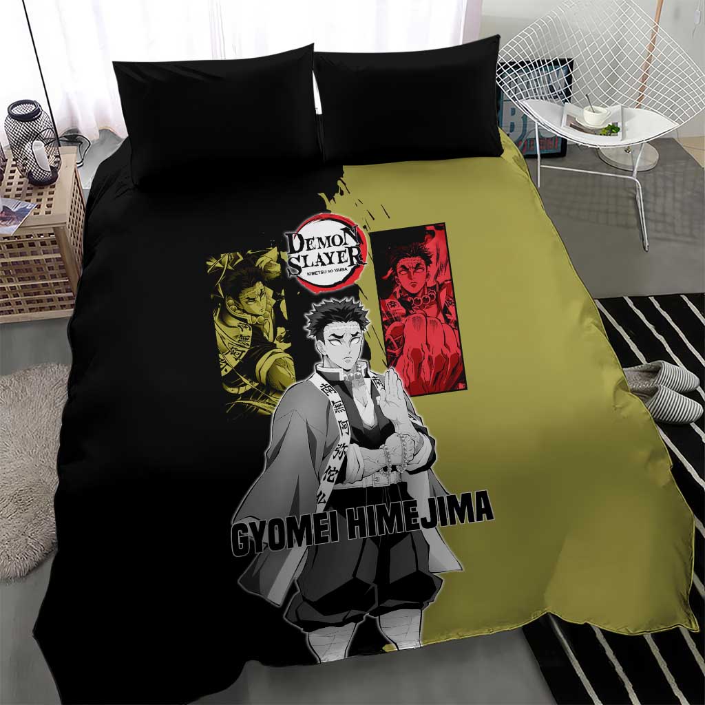 Gyomei Himejima from Demon Slayer Bedding Set with Olive and Black Split Background and Prayer Pose Manga Style Design - The Mazicc