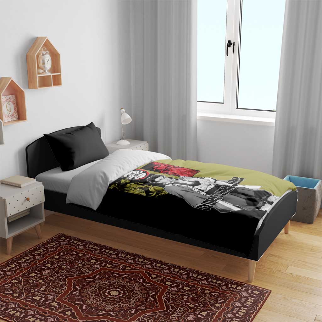 Gyomei Himejima from Demon Slayer Bedding Set with Olive and Black Split Background and Prayer Pose Manga Style Design - The Mazicc