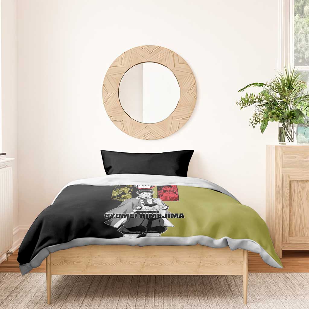 Gyomei Himejima from Demon Slayer Bedding Set with Olive and Black Split Background and Prayer Pose Manga Style Design - The Mazicc
