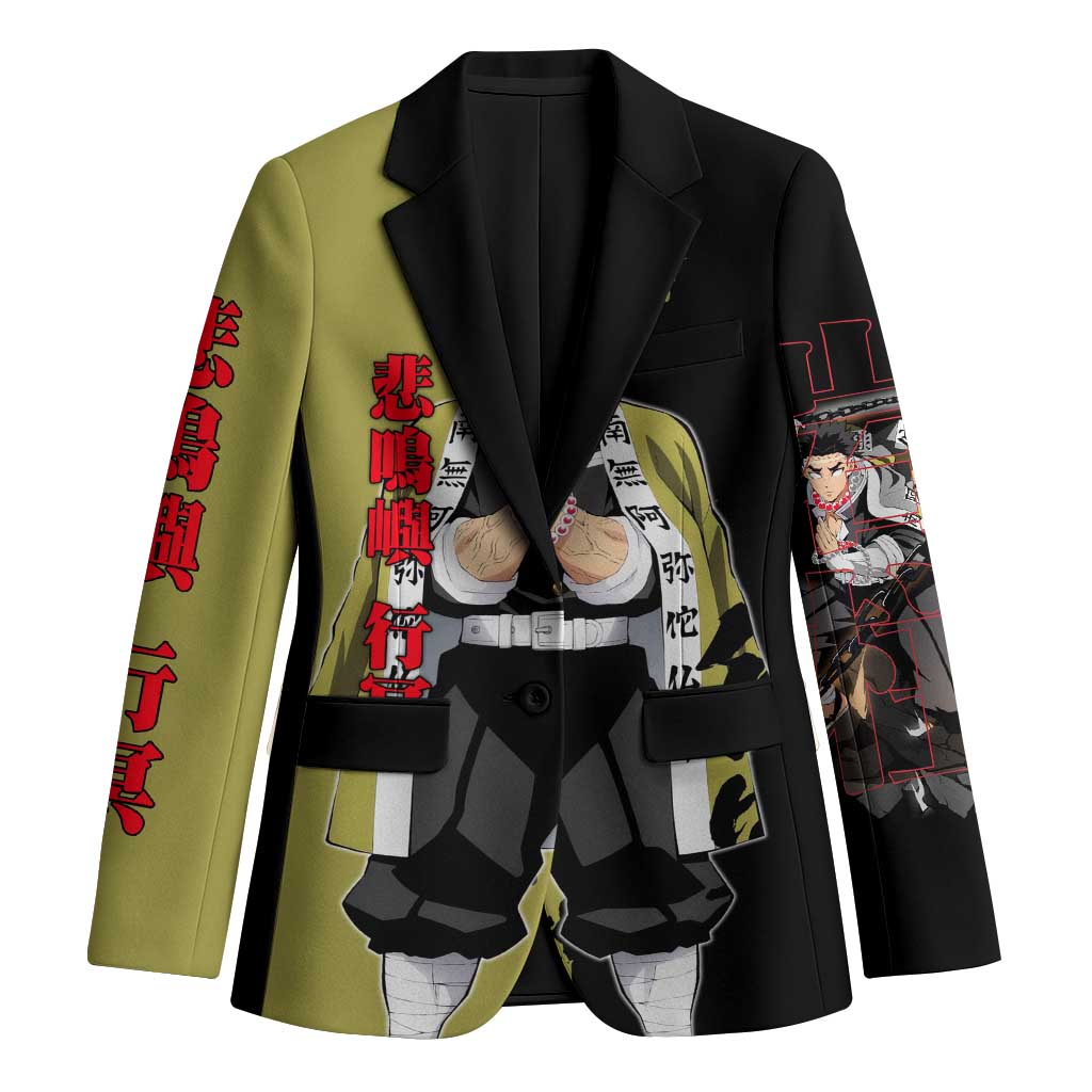 Gyomei Himejima from Demon Slayer Blazer with Olive and Black Split Background and Prayer Pose Manga Style Design - The Mazicc