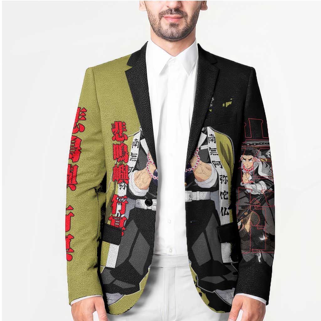 Gyomei Himejima from Demon Slayer Blazer with Olive and Black Split Background and Prayer Pose Manga Style Design - The Mazicc
