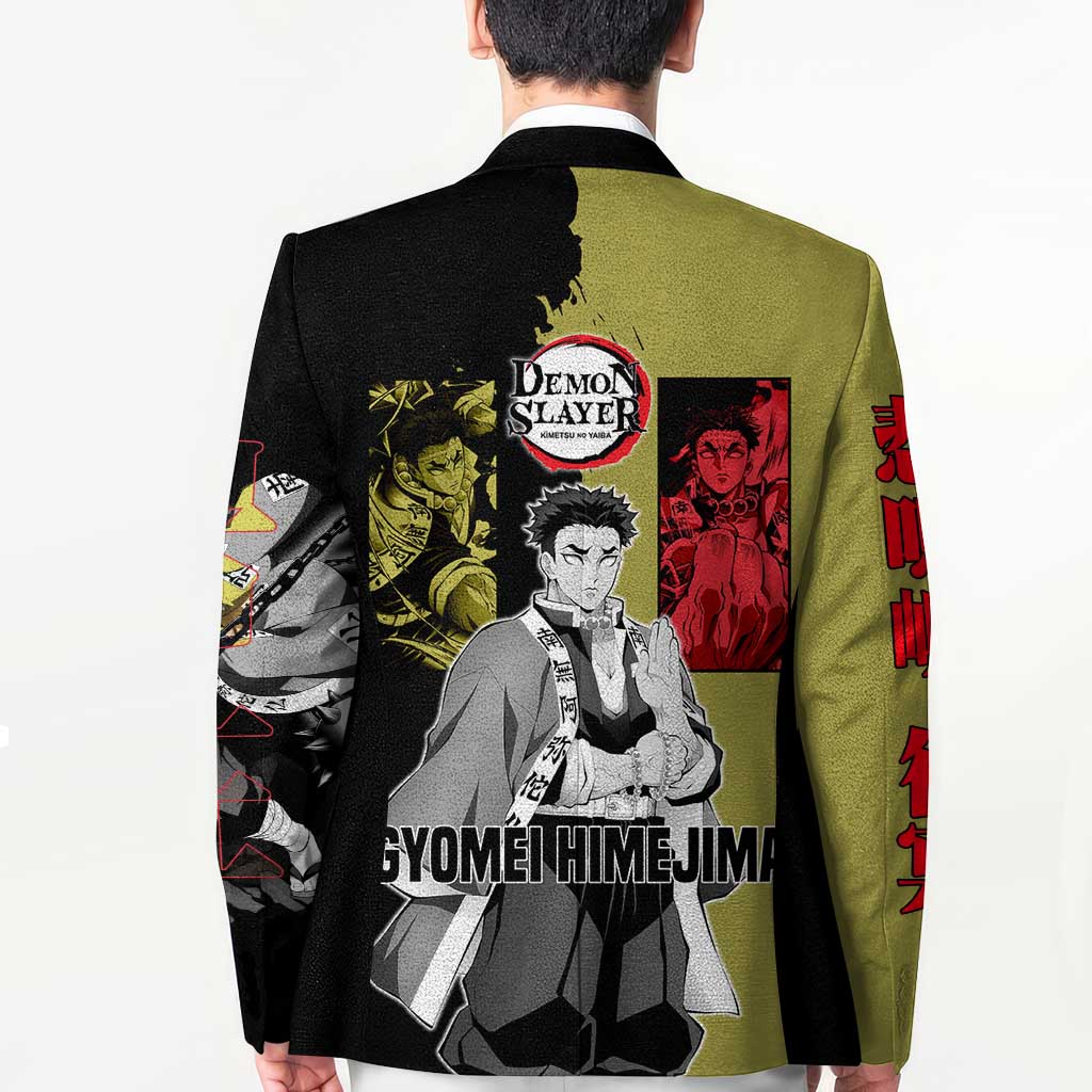 Gyomei Himejima from Demon Slayer Blazer with Olive and Black Split Background and Prayer Pose Manga Style Design - The Mazicc