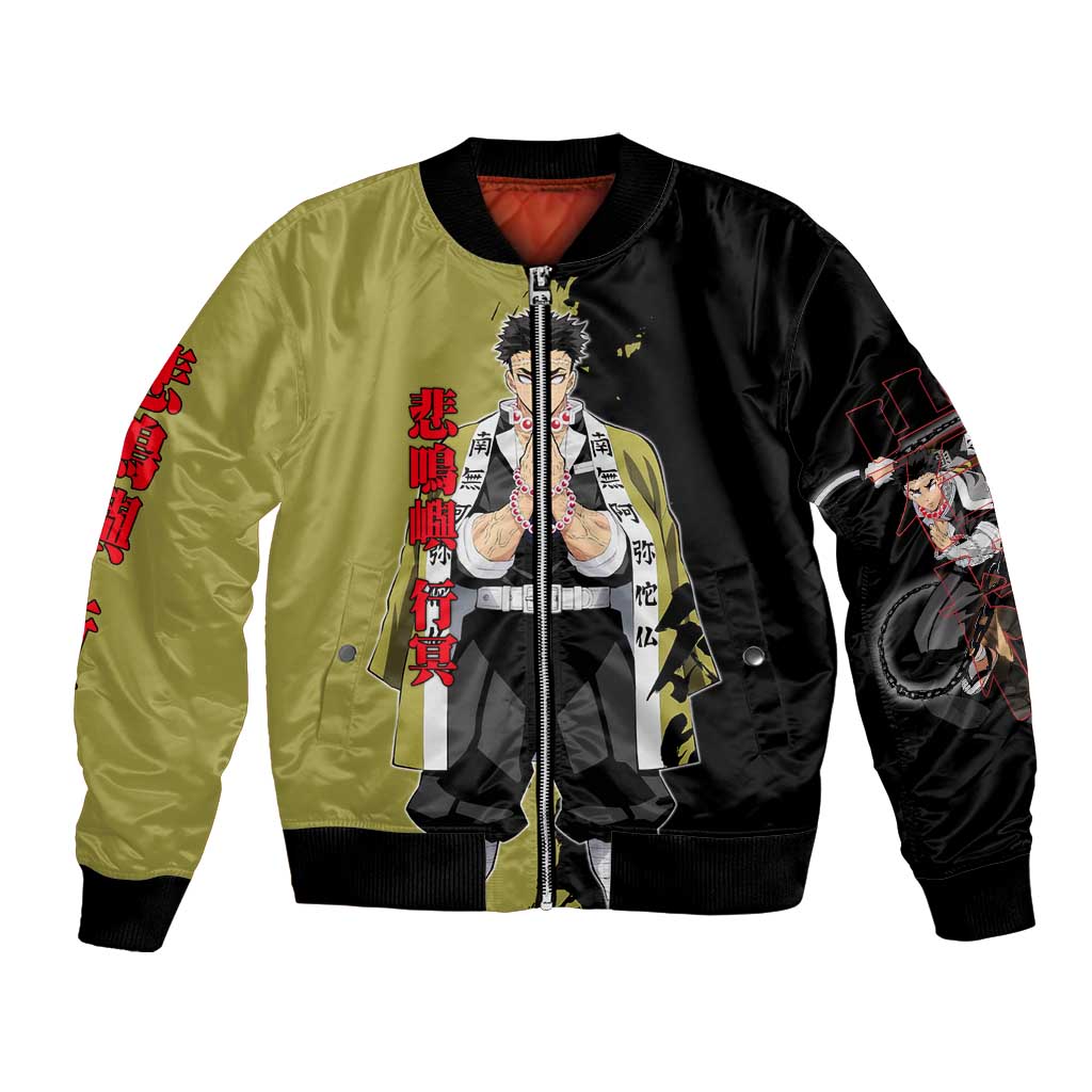 Gyomei Himejima from Demon Slayer Bomber Jacket with Olive and Black Split Background and Prayer Pose Manga Style Design - The Mazicc