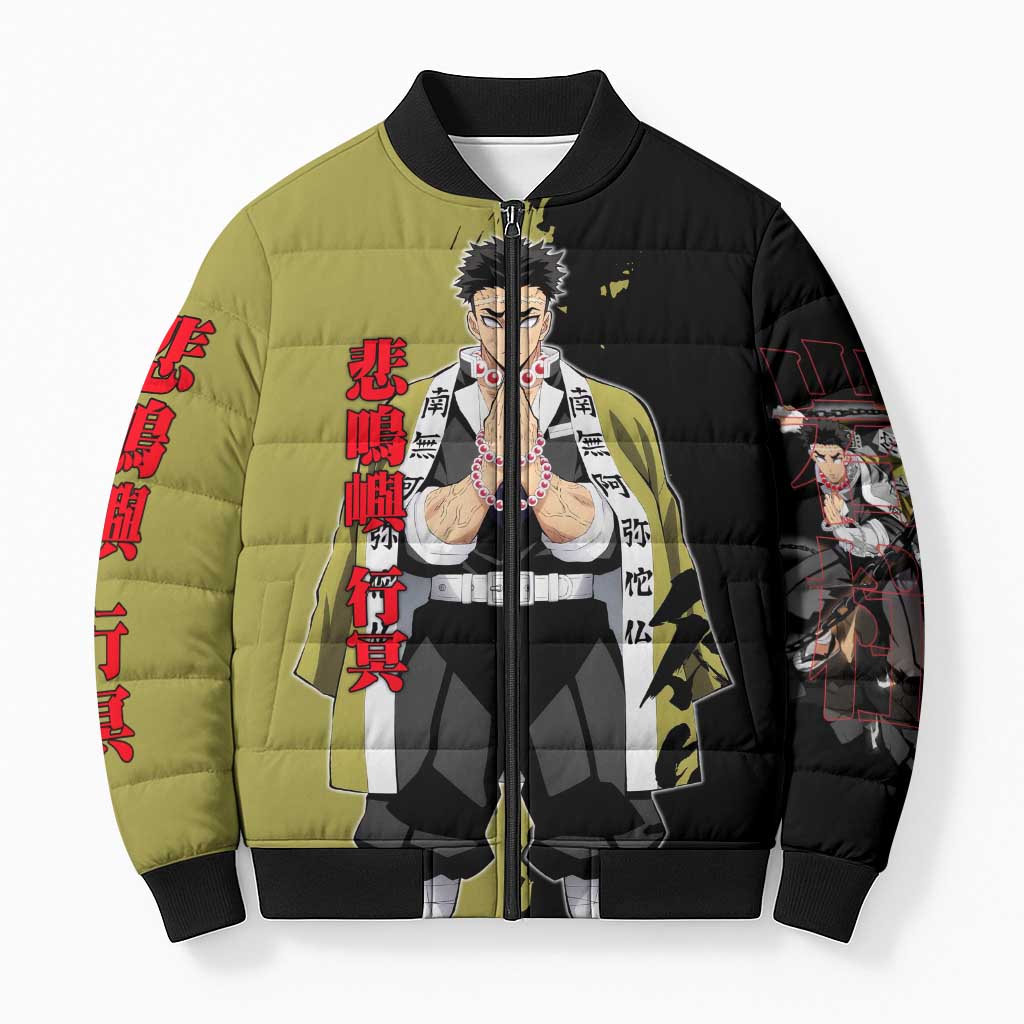 Gyomei Himejima from Demon Slayer Bomber Puffer Jacket with Olive and Black Split Background and Prayer Pose Manga Style Design - The Mazicc