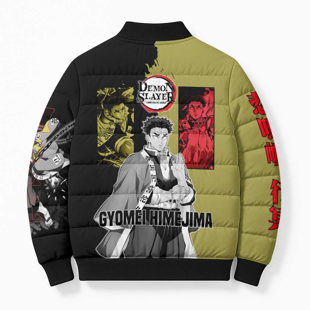 Gyomei Himejima from Demon Slayer Bomber Puffer Jacket with Olive and Black Split Background and Prayer Pose Manga Style Design - The Mazicc