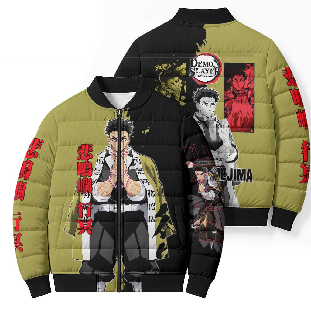 Gyomei Himejima from Demon Slayer Bomber Puffer Jacket with Olive and Black Split Background and Prayer Pose Manga Style Design - The Mazicc