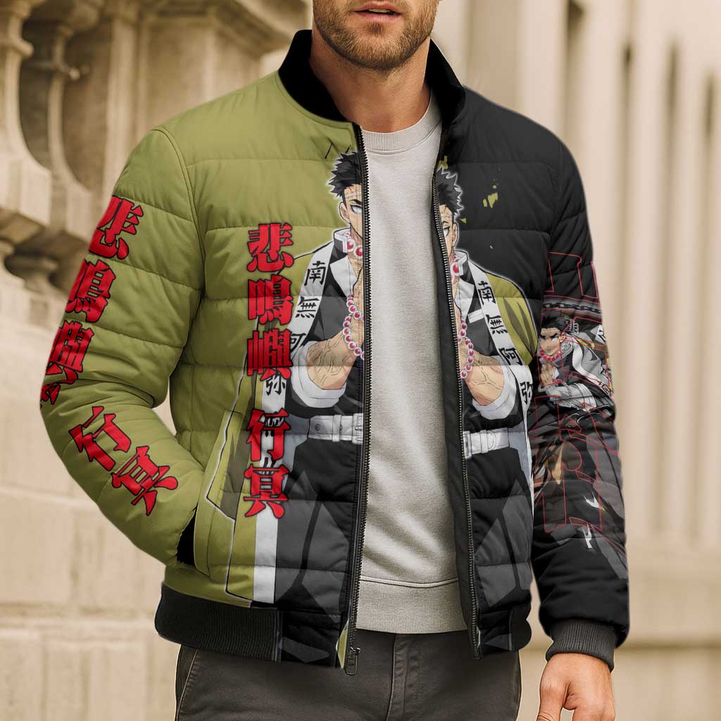 Gyomei Himejima from Demon Slayer Bomber Puffer Jacket with Olive and Black Split Background and Prayer Pose Manga Style Design - The Mazicc