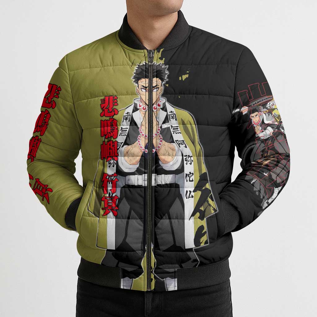 Gyomei Himejima from Demon Slayer Bomber Puffer Jacket with Olive and Black Split Background and Prayer Pose Manga Style Design - The Mazicc