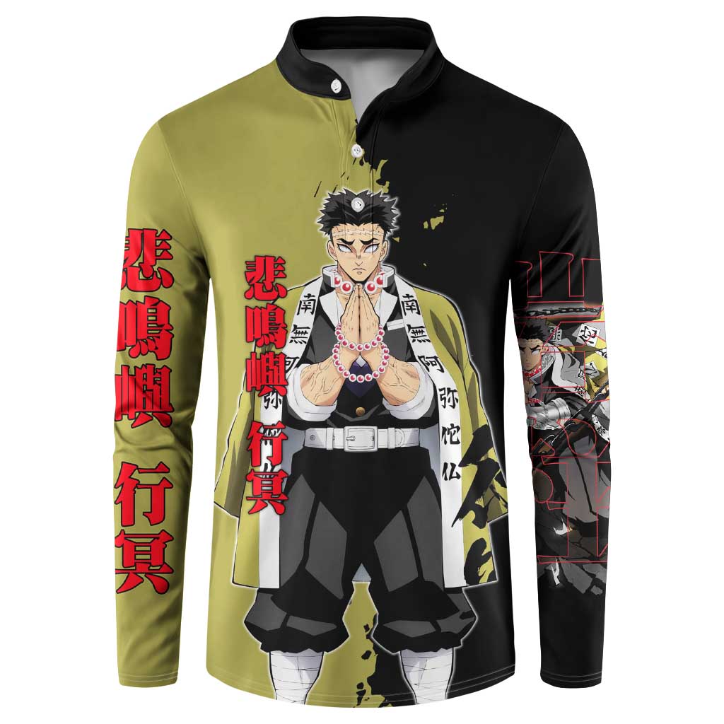 Gyomei Himejima from Demon Slayer Button Sweatshirt with Olive and Black Split Background and Prayer Pose Manga Style Design - The Mazicc