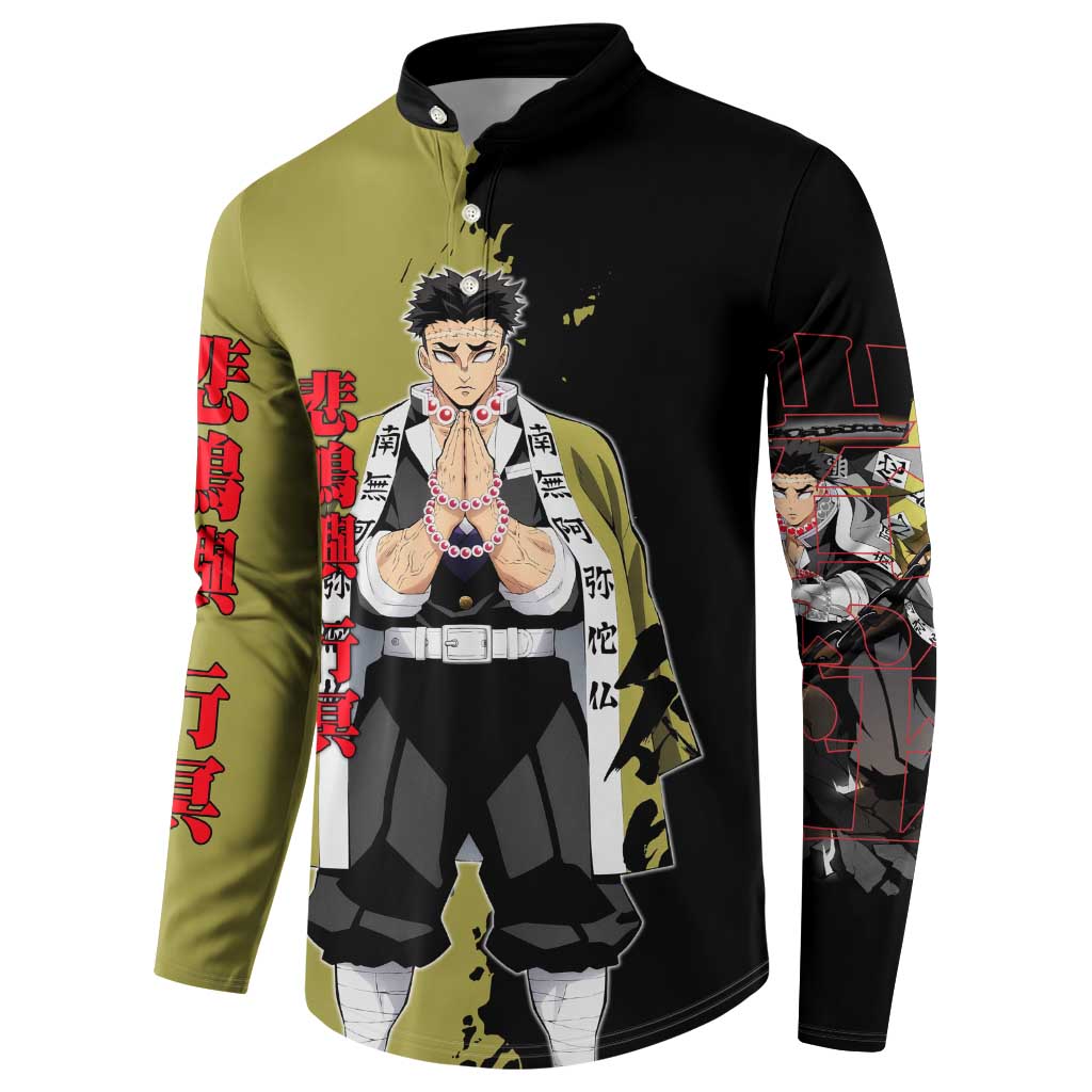 Gyomei Himejima from Demon Slayer Button Sweatshirt with Olive and Black Split Background and Prayer Pose Manga Style Design - The Mazicc