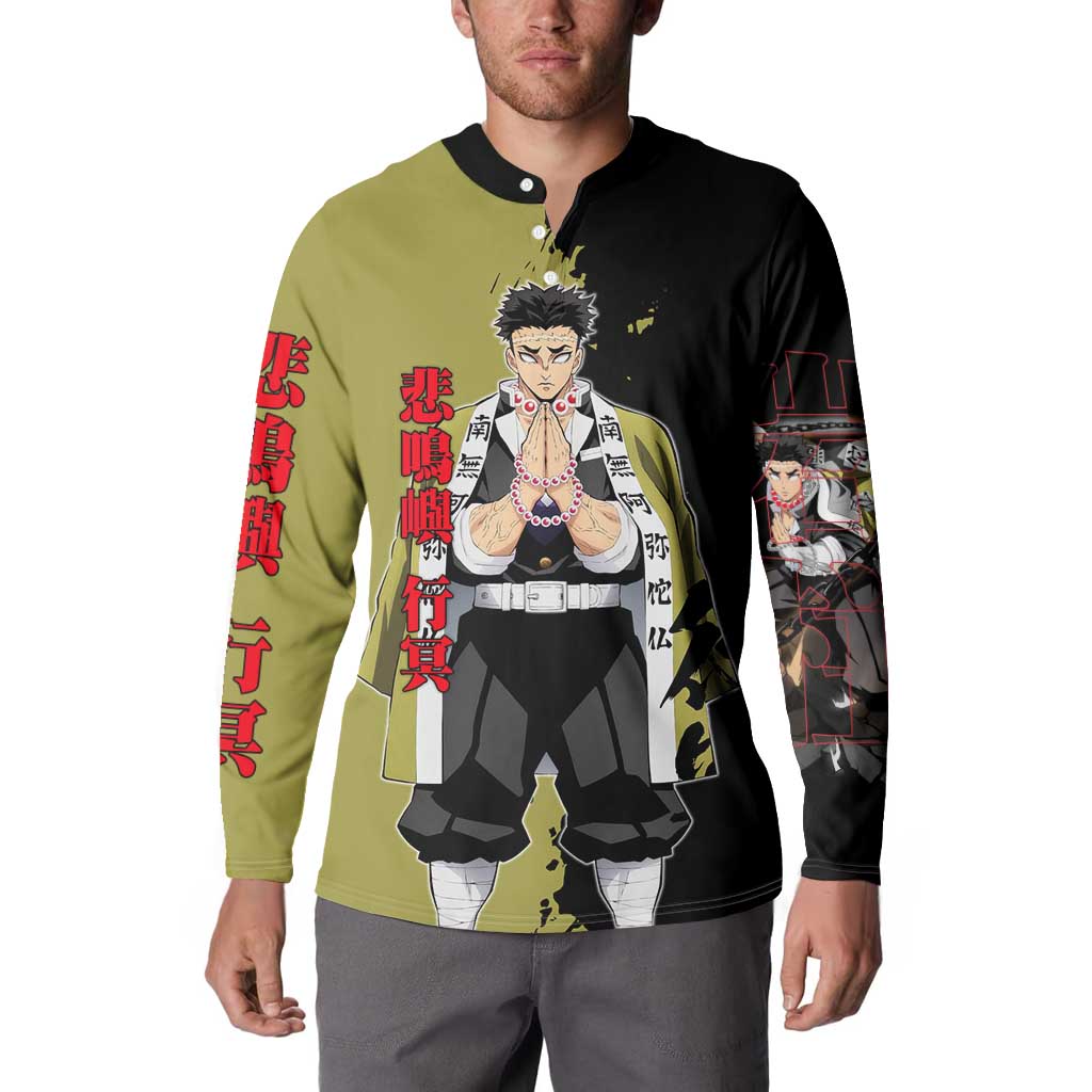 Gyomei Himejima from Demon Slayer Button Sweatshirt with Olive and Black Split Background and Prayer Pose Manga Style Design - The Mazicc