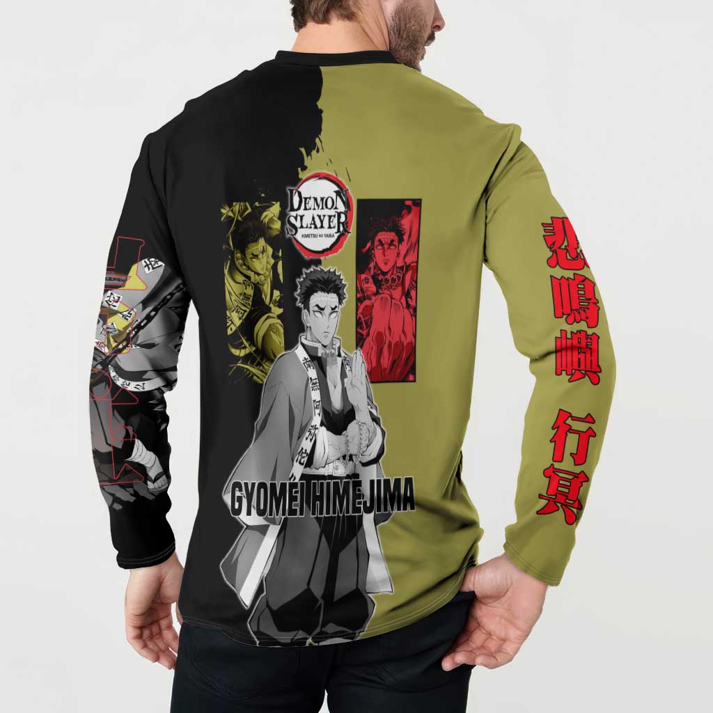 Gyomei Himejima from Demon Slayer Button Sweatshirt with Olive and Black Split Background and Prayer Pose Manga Style Design - The Mazicc