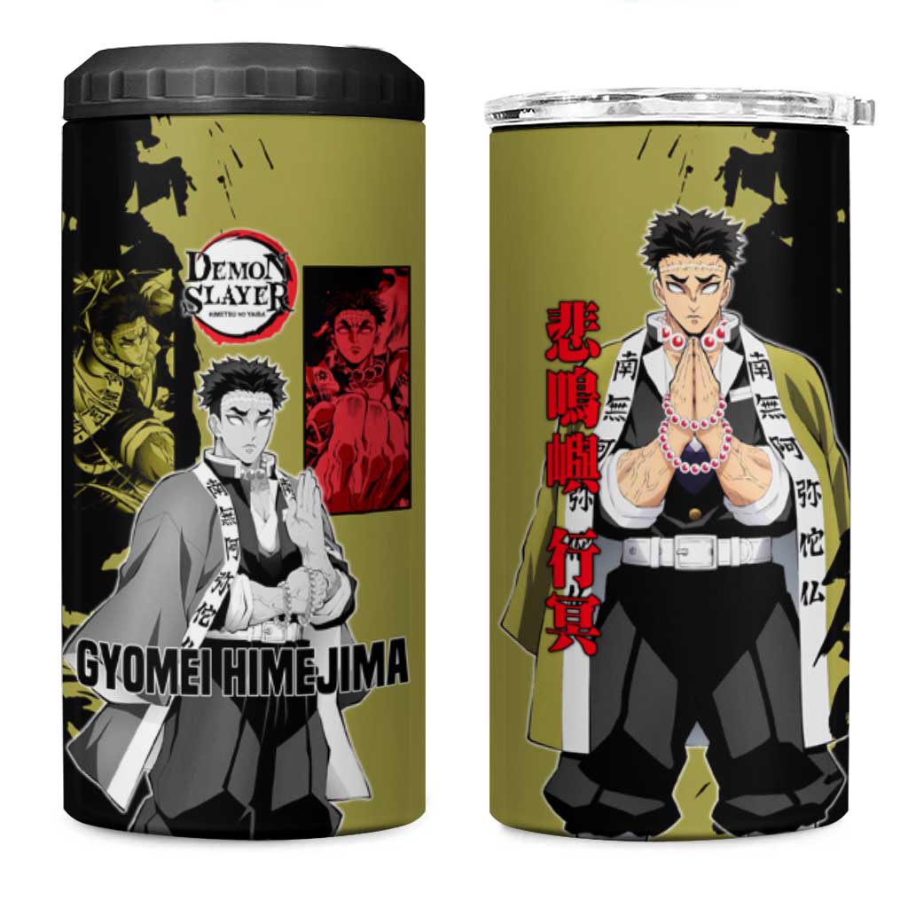 Gyomei Himejima from Demon Slayer 4 in 1 Can Cooler Tumbler with Olive and Black Split Background and Prayer Pose Manga Style Design - The Mazicc