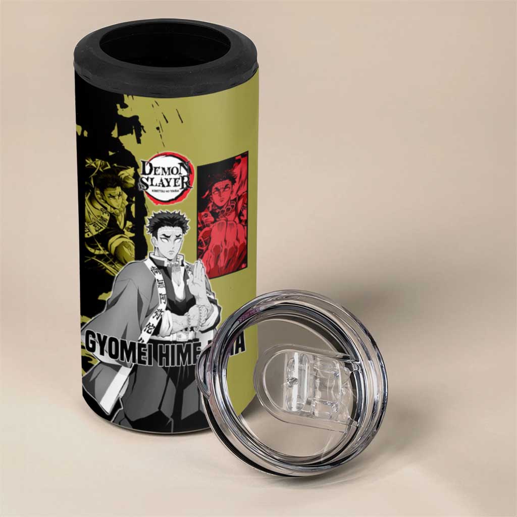 Gyomei Himejima from Demon Slayer 4 in 1 Can Cooler Tumbler with Olive and Black Split Background and Prayer Pose Manga Style Design - The Mazicc