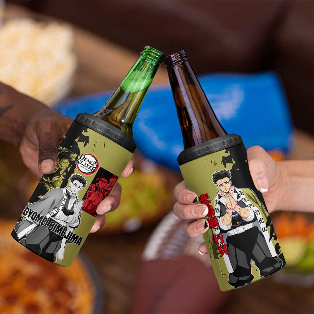 Gyomei Himejima from Demon Slayer 4 in 1 Can Cooler Tumbler with Olive and Black Split Background and Prayer Pose Manga Style Design - The Mazicc