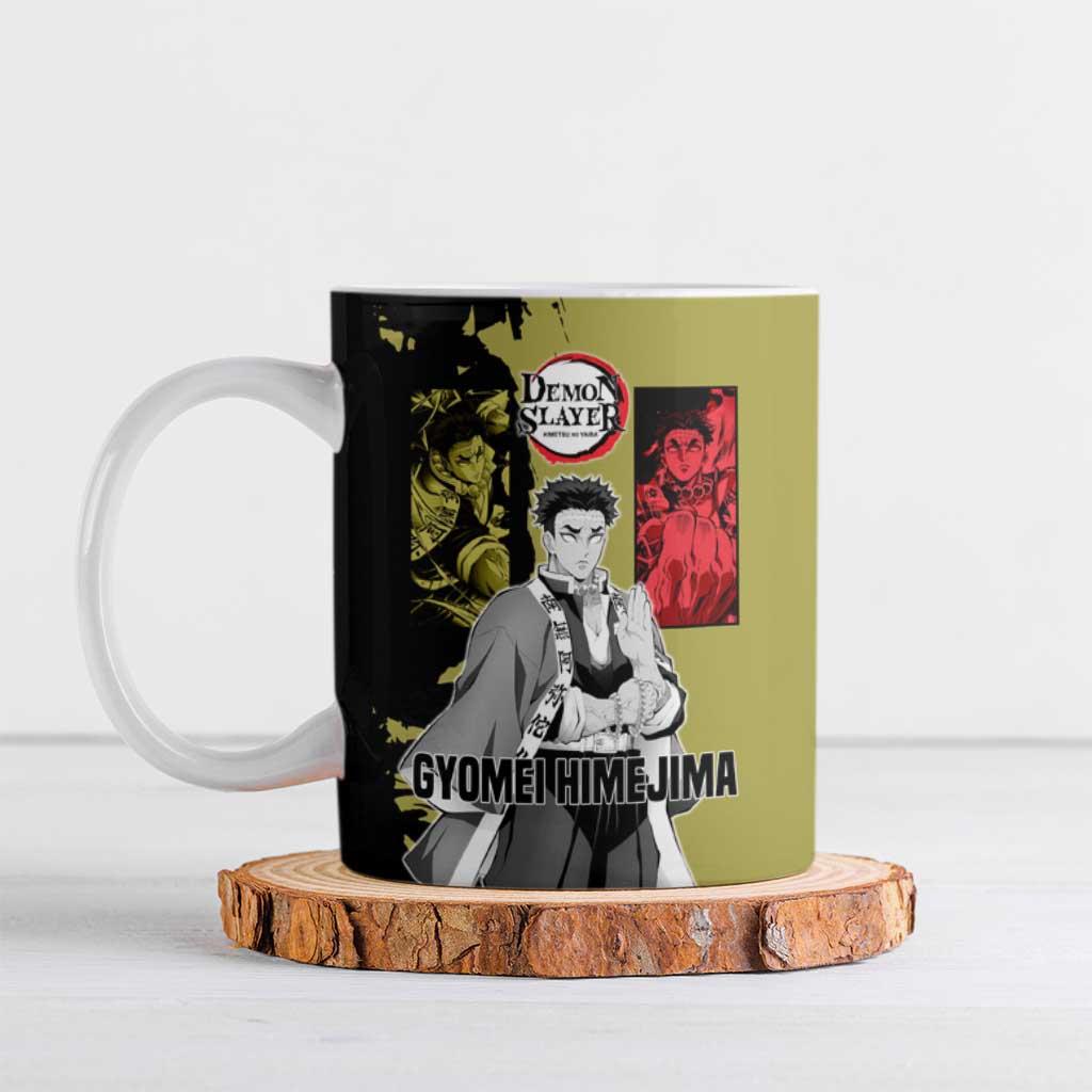 Gyomei Himejima from Demon Slayer Ceramic Mug with Olive and Black Split Background and Prayer Pose Manga Style Design - The Mazicc