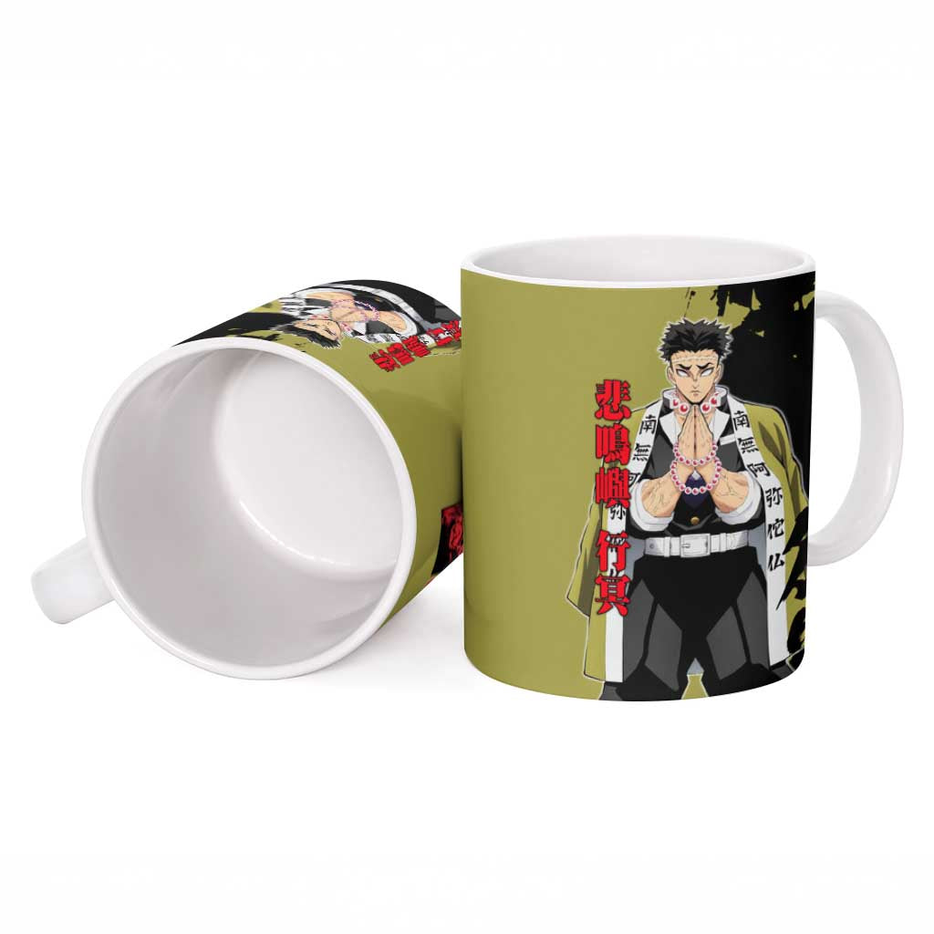Gyomei Himejima from Demon Slayer Ceramic Mug with Olive and Black Split Background and Prayer Pose Manga Style Design - The Mazicc
