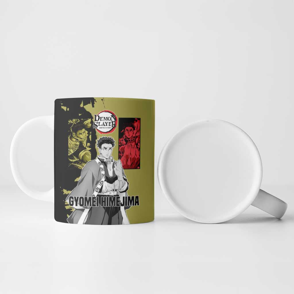 Gyomei Himejima from Demon Slayer Ceramic Mug with Olive and Black Split Background and Prayer Pose Manga Style Design - The Mazicc
