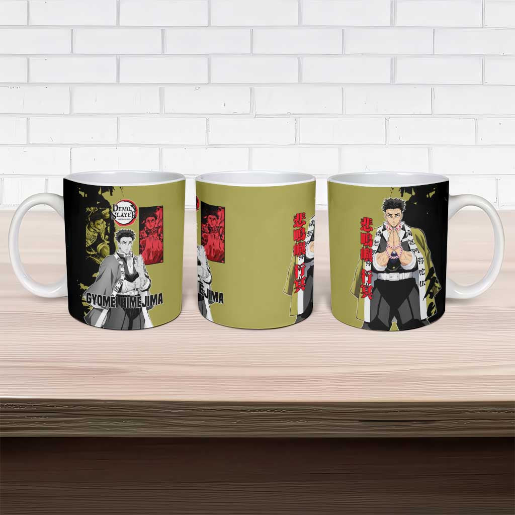 Gyomei Himejima from Demon Slayer Ceramic Mug with Olive and Black Split Background and Prayer Pose Manga Style Design - The Mazicc