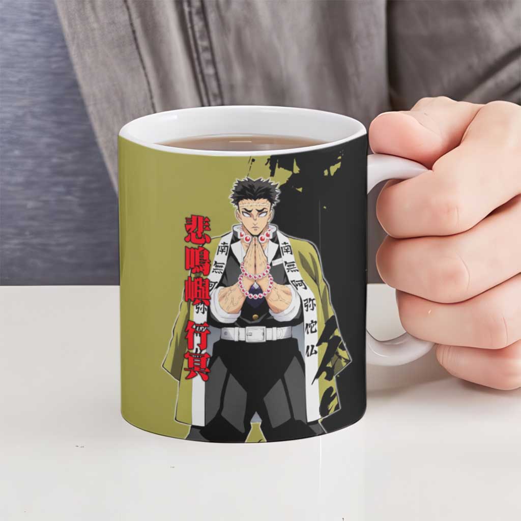 Gyomei Himejima from Demon Slayer Ceramic Mug with Olive and Black Split Background and Prayer Pose Manga Style Design - The Mazicc