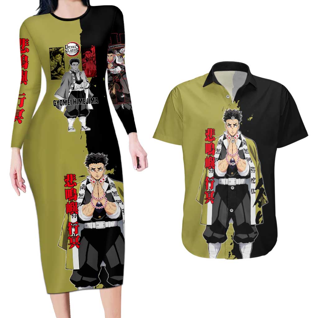 Gyomei Himejima from Demon Slayer Couples Matching Long Sleeve Bodycon Dress and Hawaiian Shirt with Olive and Black Split Background and Prayer Pose Manga Style Design - The Mazicc