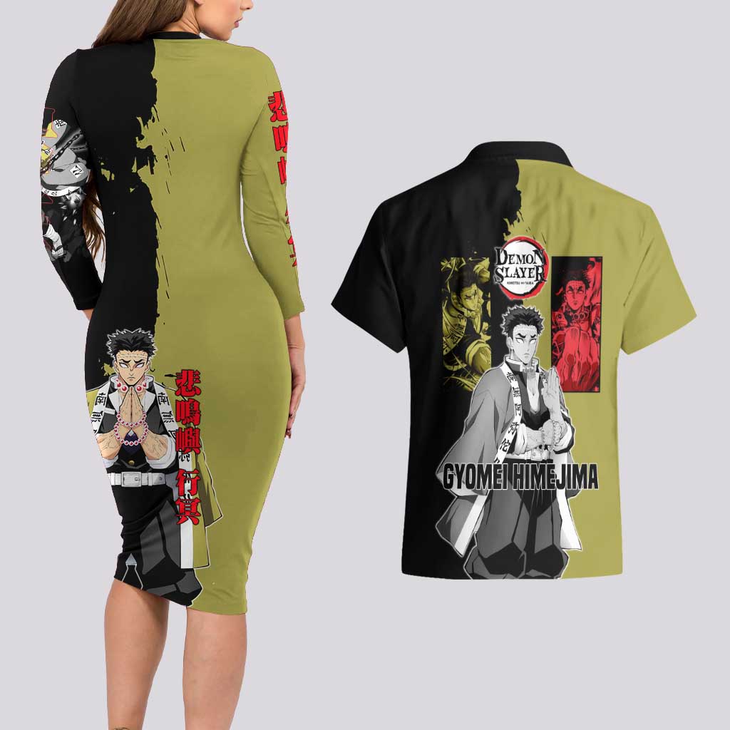 Gyomei Himejima from Demon Slayer Couples Matching Long Sleeve Bodycon Dress and Hawaiian Shirt with Olive and Black Split Background and Prayer Pose Manga Style Design - The Mazicc