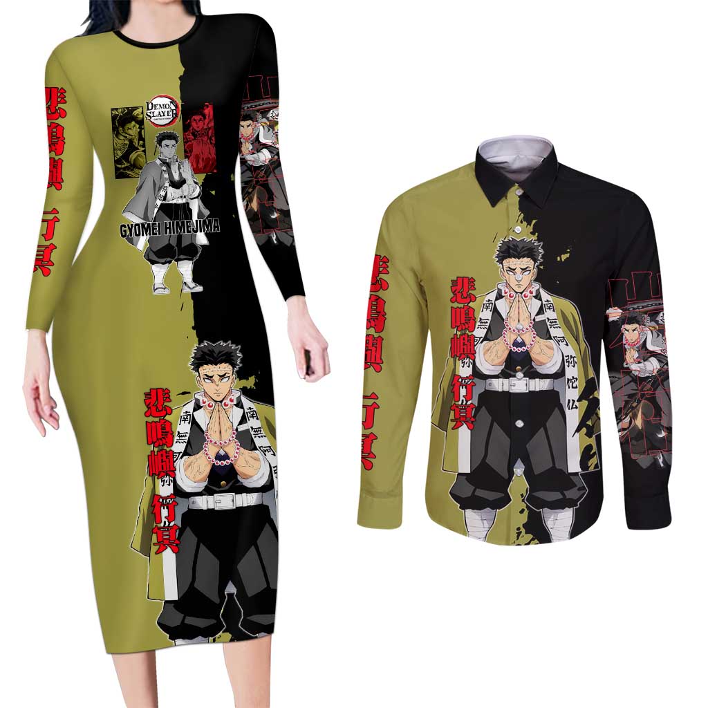Gyomei Himejima from Demon Slayer Couples Matching Long Sleeve Bodycon Dress and Long Sleeve Button Shirt with Olive and Black Split Background and Prayer Pose Manga Style Design - The Mazicc