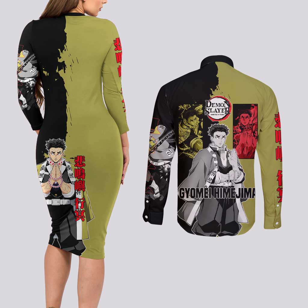 Gyomei Himejima from Demon Slayer Couples Matching Long Sleeve Bodycon Dress and Long Sleeve Button Shirt with Olive and Black Split Background and Prayer Pose Manga Style Design - The Mazicc