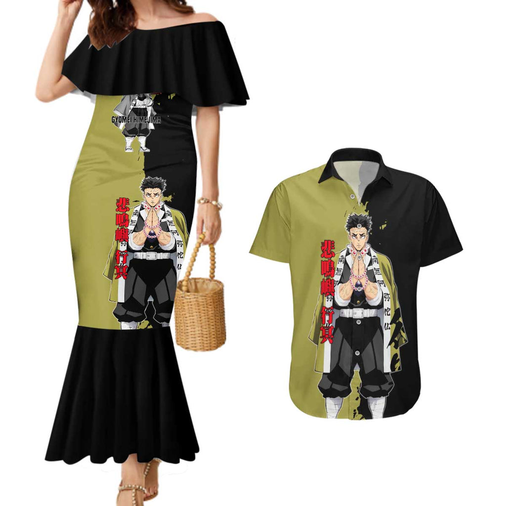 Gyomei Himejima from Demon Slayer Couples Matching Mermaid Dress and Hawaiian Shirt with Olive and Black Split Background and Prayer Pose Manga Style Design - The Mazicc