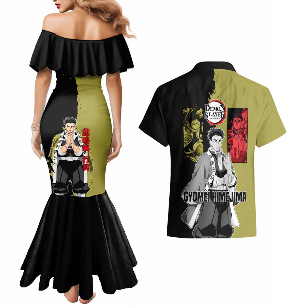 Gyomei Himejima from Demon Slayer Couples Matching Mermaid Dress and Hawaiian Shirt with Olive and Black Split Background and Prayer Pose Manga Style Design - The Mazicc