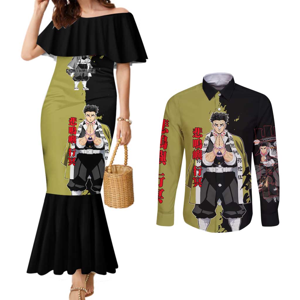 Gyomei Himejima from Demon Slayer Couples Matching Mermaid Dress and Long Sleeve Button Shirt with Olive and Black Split Background and Prayer Pose Manga Style Design - The Mazicc