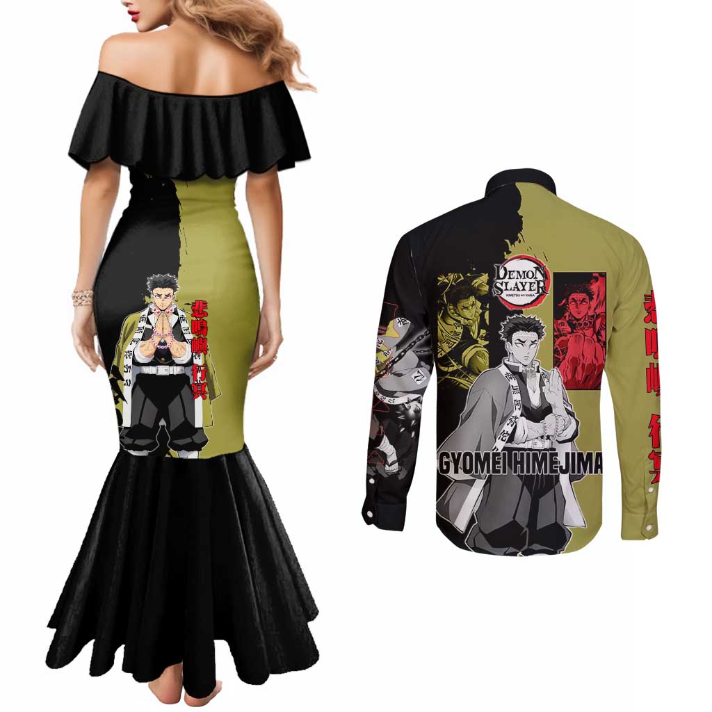 Gyomei Himejima from Demon Slayer Couples Matching Mermaid Dress and Long Sleeve Button Shirt with Olive and Black Split Background and Prayer Pose Manga Style Design - The Mazicc