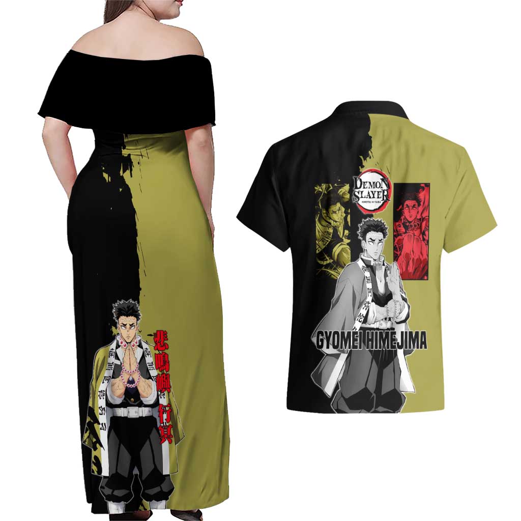 Gyomei Himejima from Demon Slayer Couples Matching Off Shoulder Maxi Dress and Hawaiian Shirt with Olive and Black Split Background and Prayer Pose Manga Style Design - The Mazicc