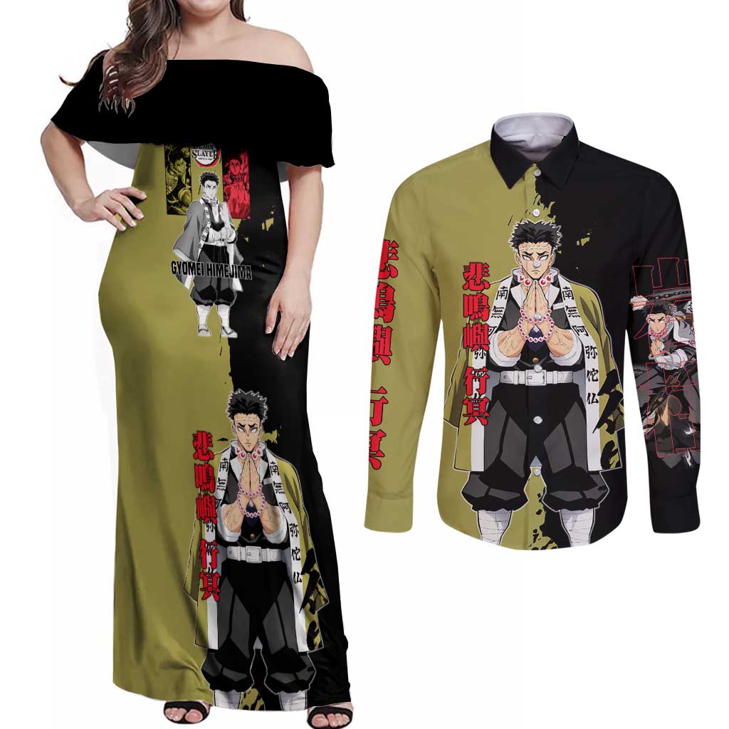 Gyomei Himejima from Demon Slayer Couples Matching Off Shoulder Maxi Dress and Long Sleeve Button Shirt with Olive and Black Split Background and Prayer Pose Manga Style Design - The Mazicc
