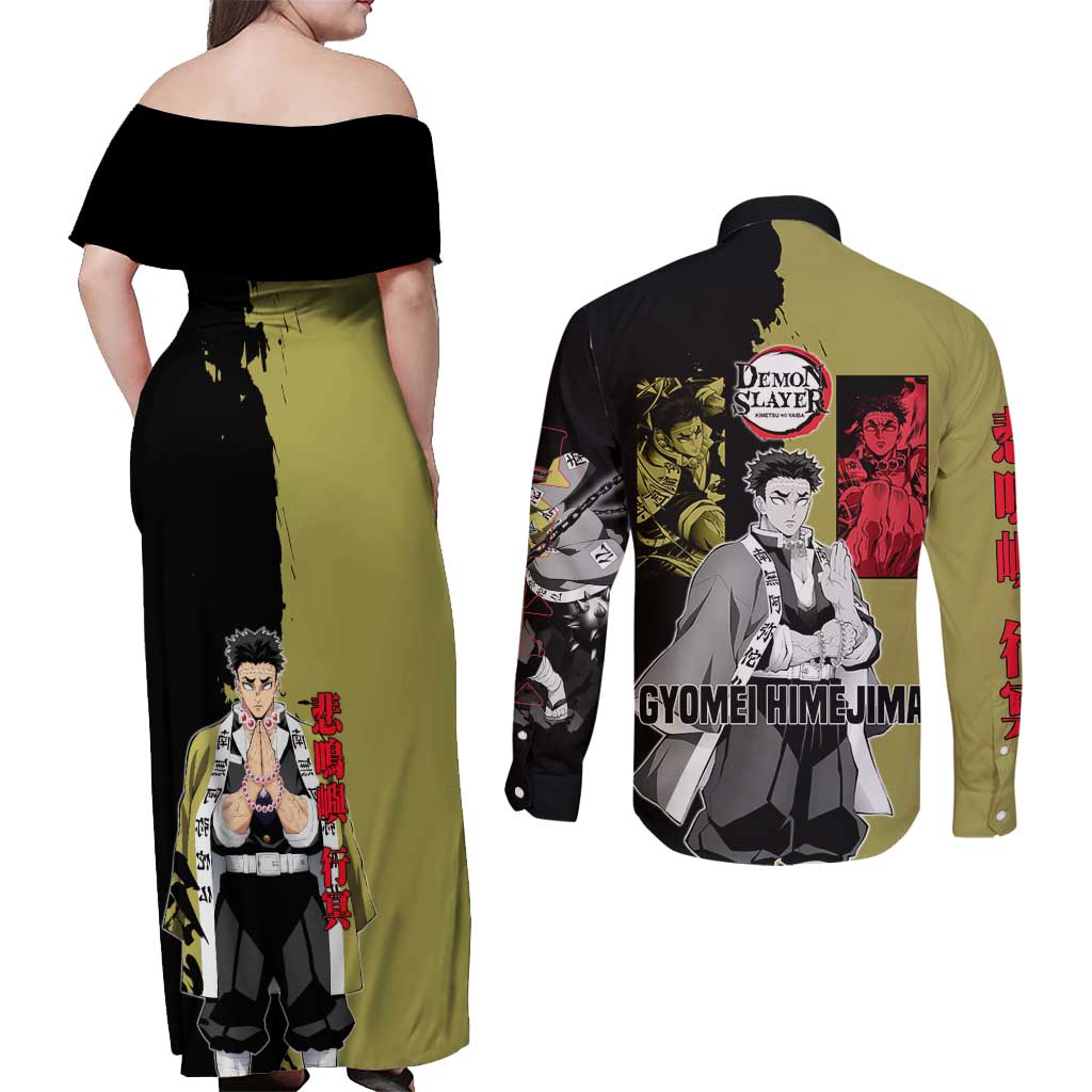 Gyomei Himejima from Demon Slayer Couples Matching Off Shoulder Maxi Dress and Long Sleeve Button Shirt with Olive and Black Split Background and Prayer Pose Manga Style Design - The Mazicc