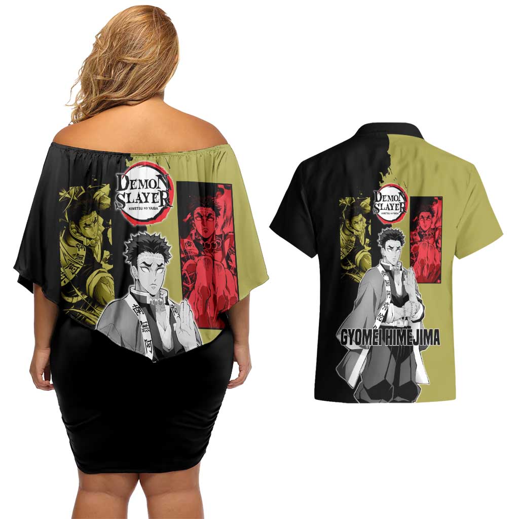 Gyomei Himejima from Demon Slayer Couples Matching Off Shoulder Short Dress and Hawaiian Shirt with Olive and Black Split Background and Prayer Pose Manga Style Design - The Mazicc