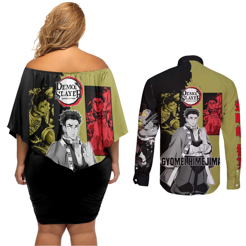 Gyomei Himejima from Demon Slayer Couples Matching Off Shoulder Short Dress and Long Sleeve Button Shirt with Olive and Black Split Background and Prayer Pose Manga Style Design - The Mazicc