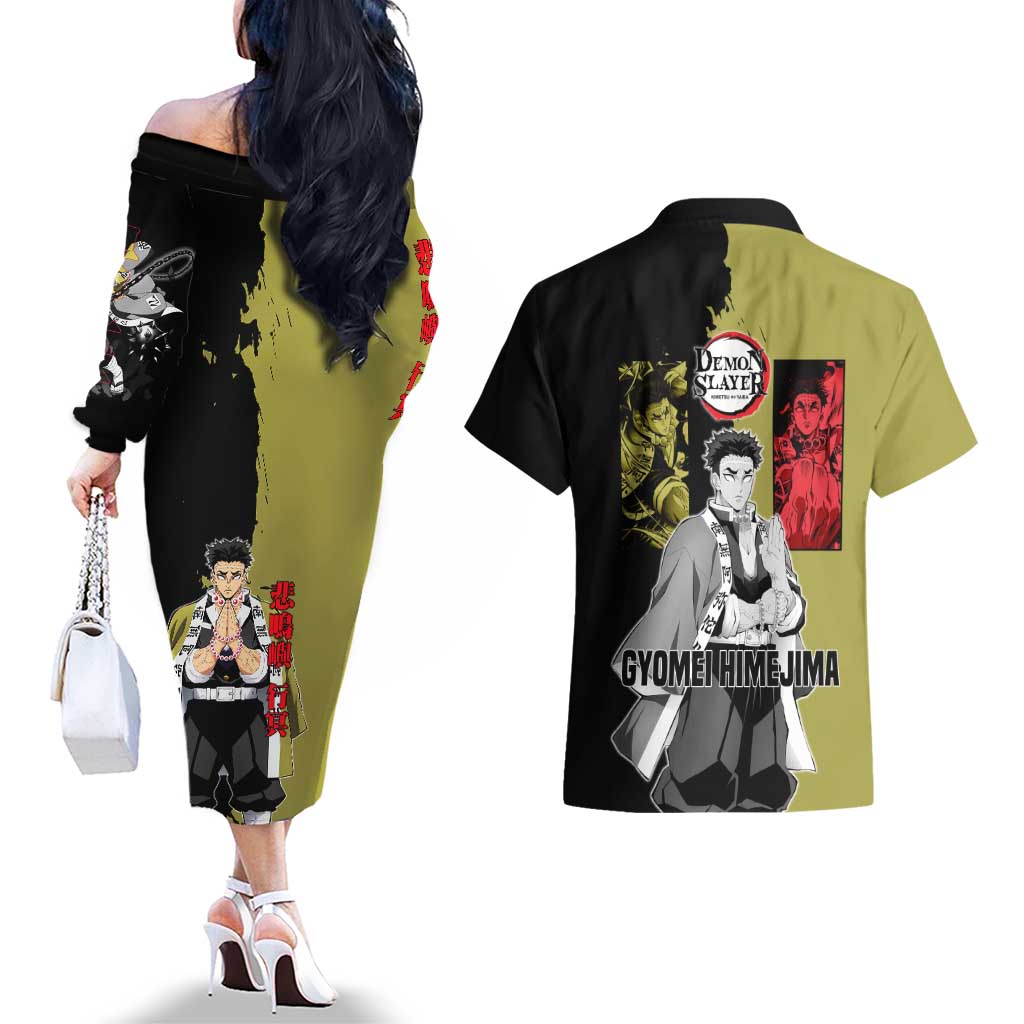 Gyomei Himejima from Demon Slayer Couples Matching Off The Shoulder Long Sleeve Dress and Hawaiian Shirt with Olive and Black Split Background and Prayer Pose Manga Style Design - The Mazicc