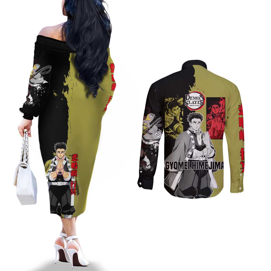 Gyomei Himejima from Demon Slayer Couples Matching Off The Shoulder Long Sleeve Dress and Long Sleeve Button Shirt with Olive and Black Split Background and Prayer Pose Manga Style Design - The Mazicc