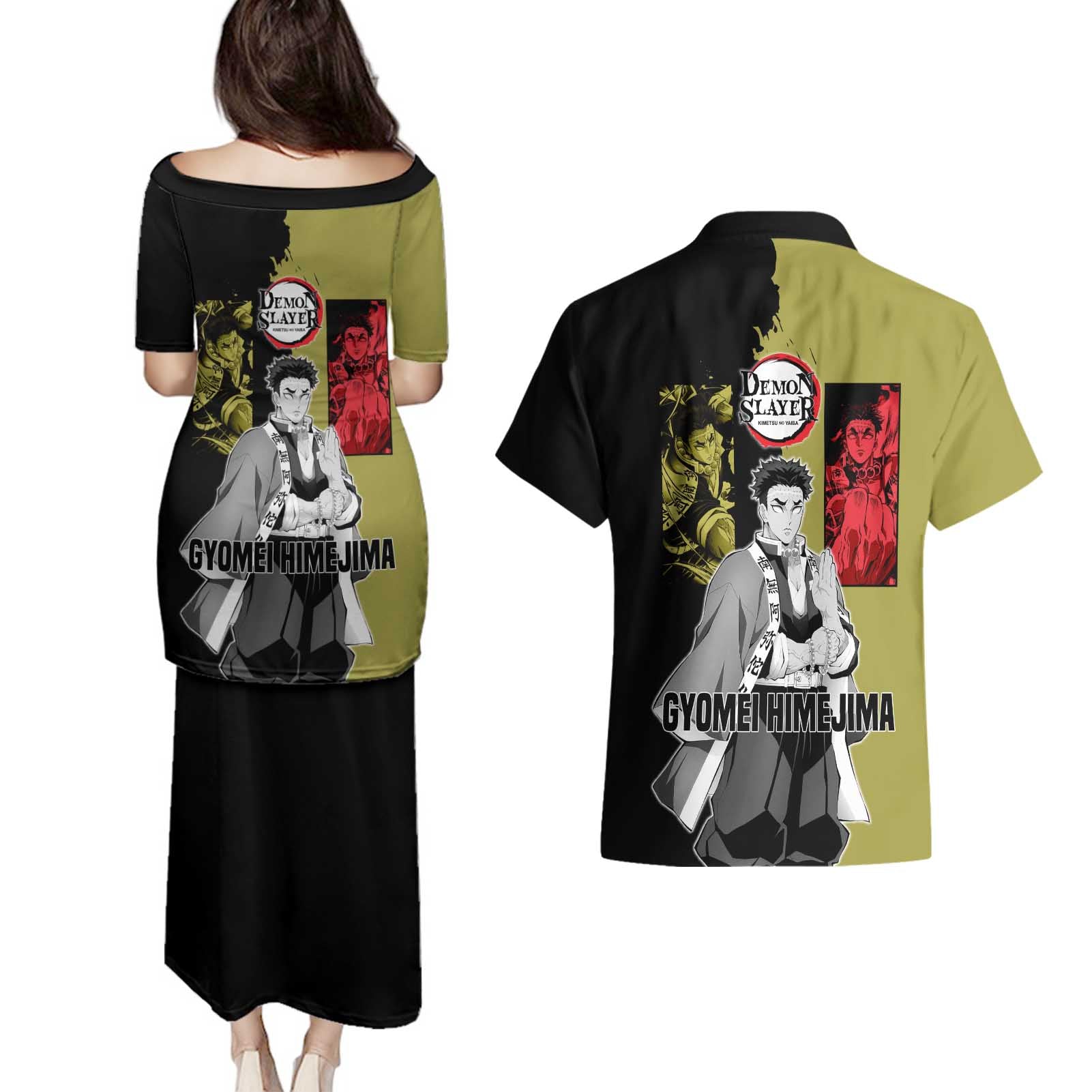 Gyomei Himejima from Demon Slayer Couples Matching Puletasi and Hawaiian Shirt with Olive and Black Split Background and Prayer Pose Manga Style Design - The Mazicc