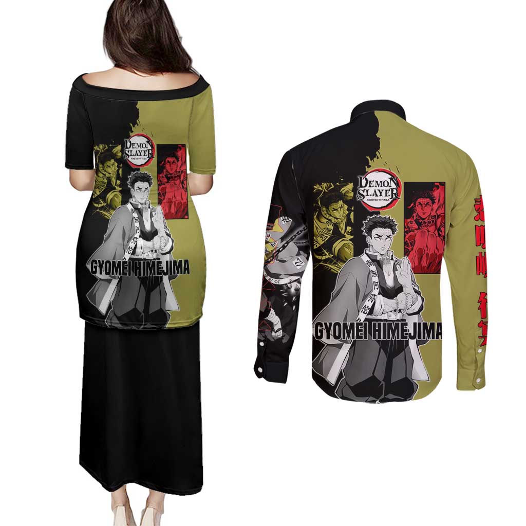 Gyomei Himejima from Demon Slayer Couples Matching Puletasi and Long Sleeve Button Shirt with Olive and Black Split Background and Prayer Pose Manga Style Design - The Mazicc